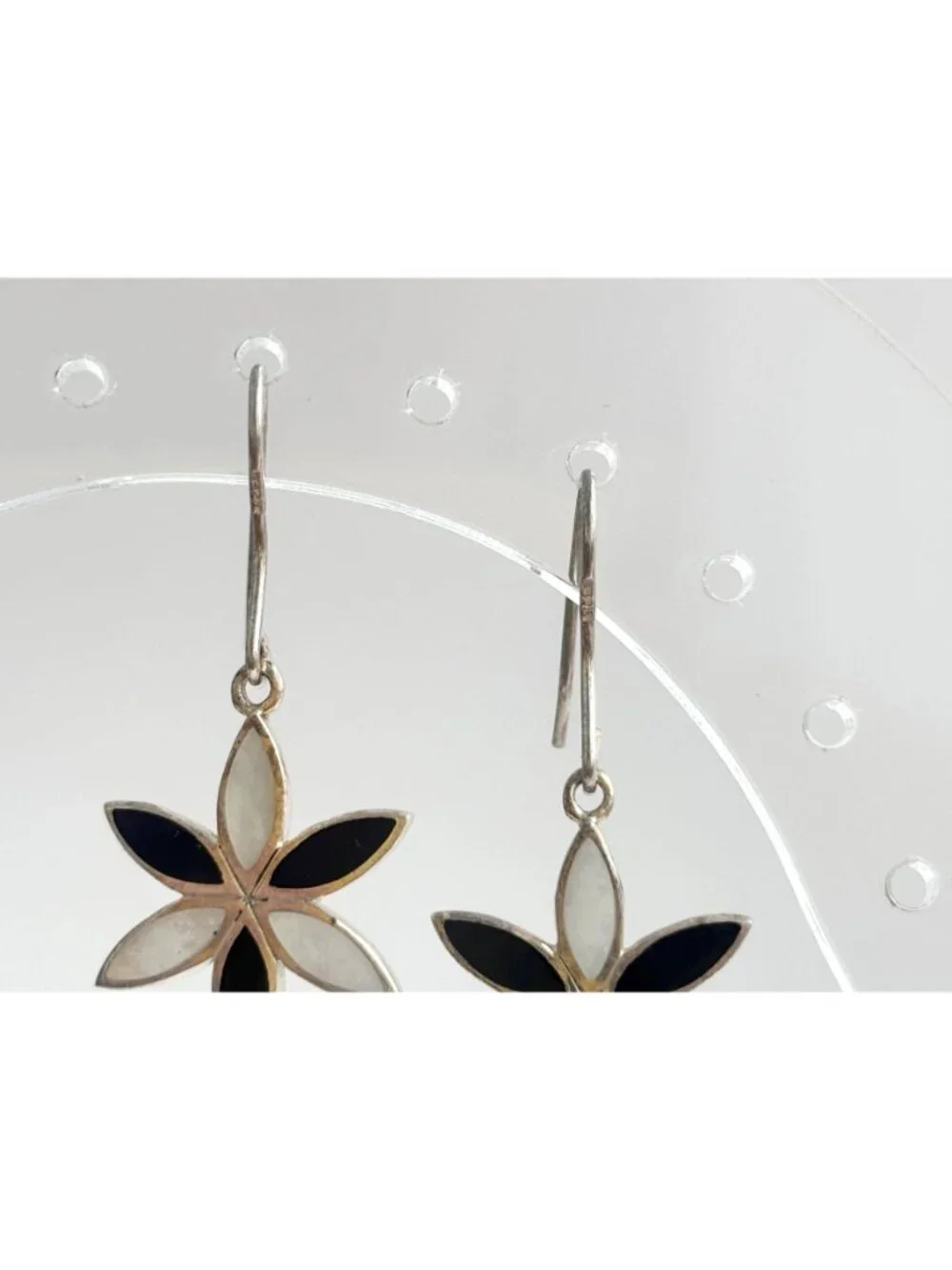 Plumeria Floral Mother of Pearl Black Onyx Vintage Sterling Silver 925 Earrings